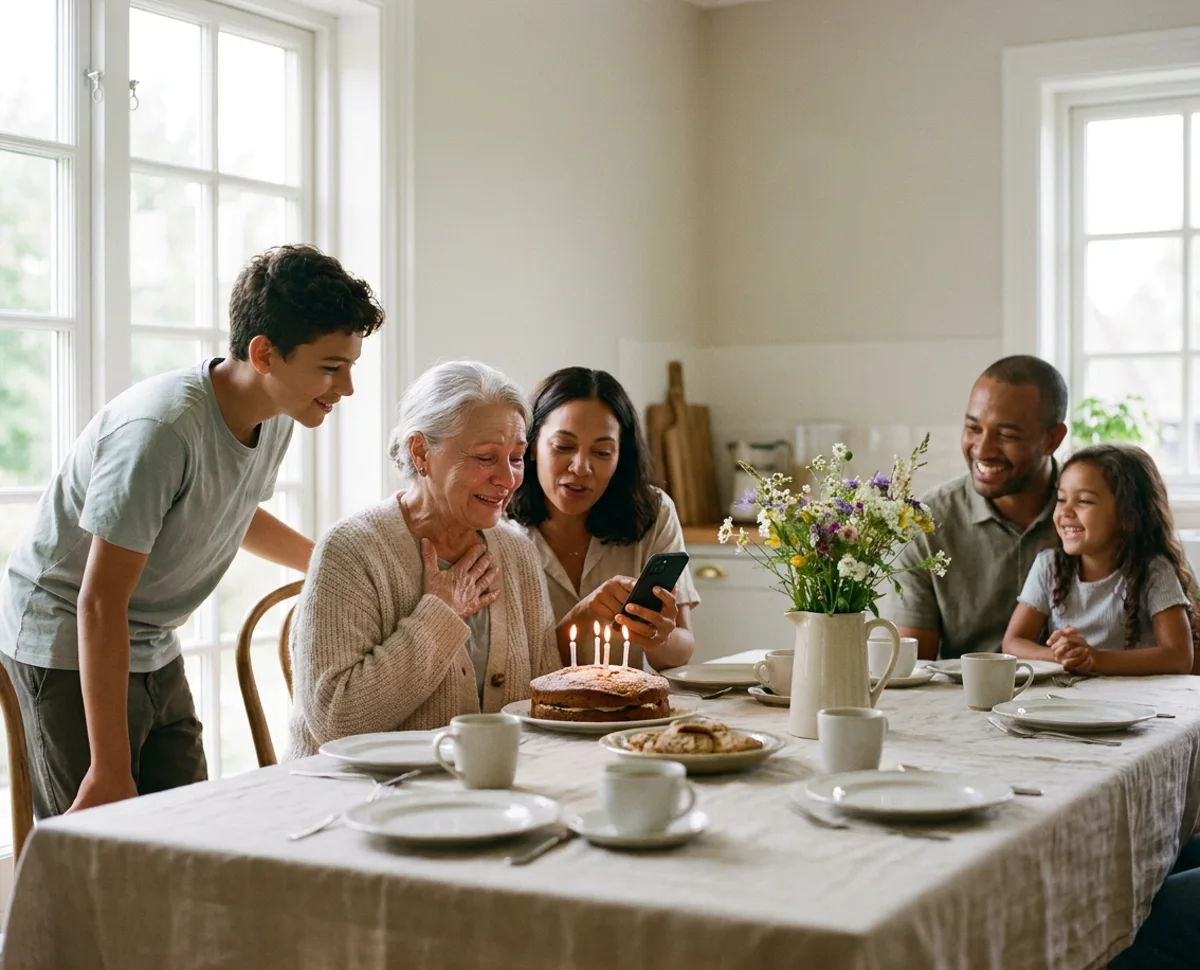 Three generations around a Sunday lunch table: the grandmother, hand on her heart, listens as her daughter reads a question from a phone beside her birthday cake